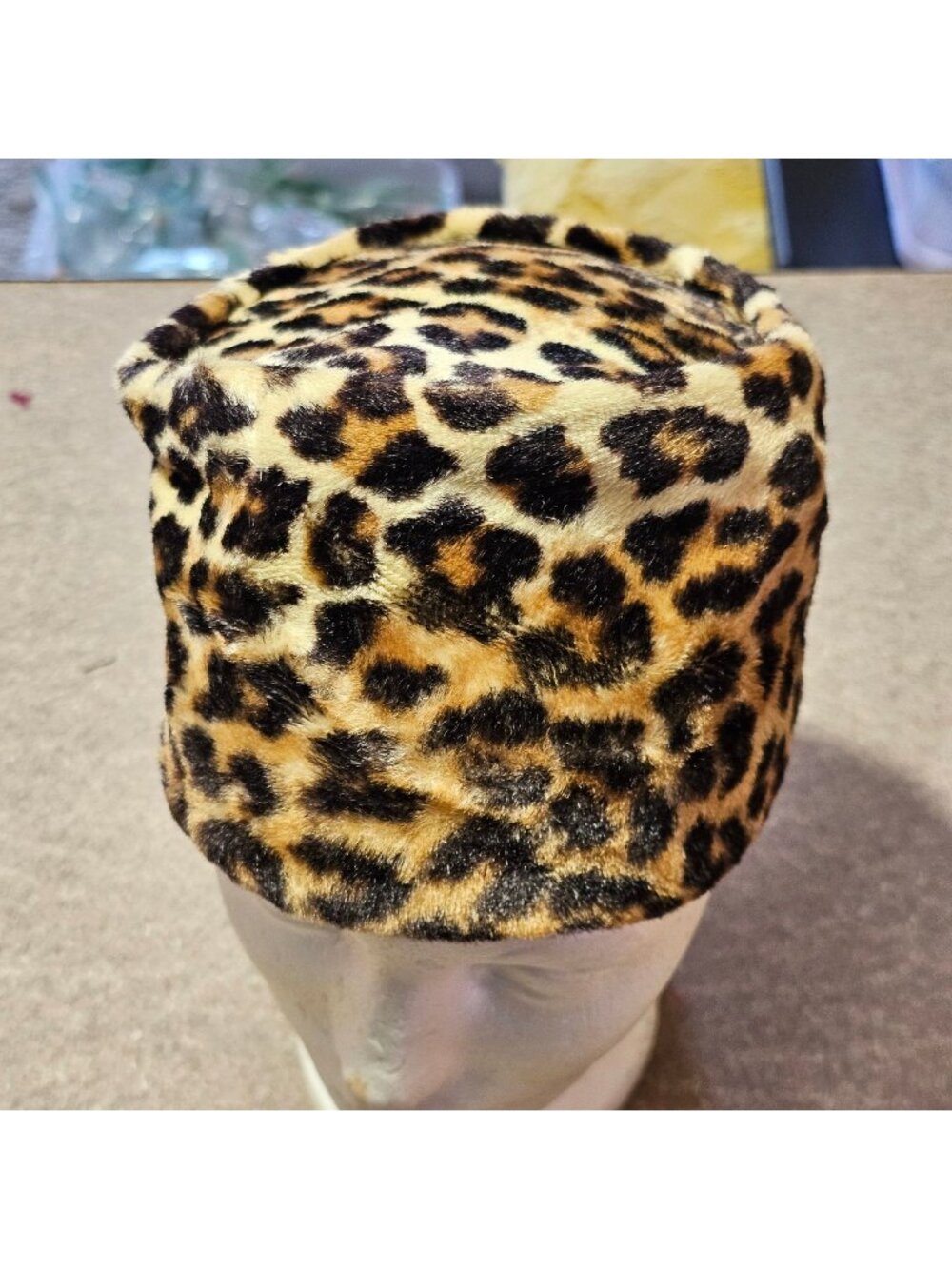 Leopard Print Faux Fur 1950s Ladies Pillbox Hat Retro Vintage Old Money 6.5